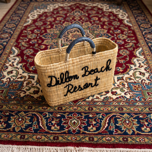 Handcrafted Straw Beach Bag with Black Handles and Stylish “Summer Beach” Design