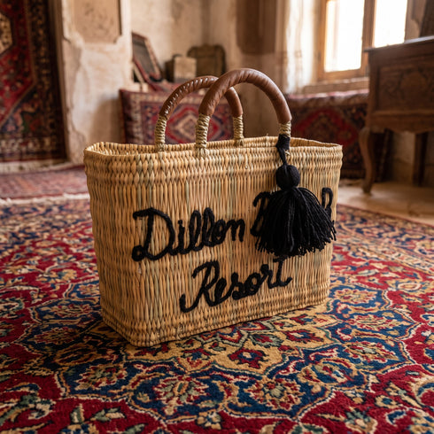 Handcrafted Straw Beach Bag with Black Handles and Stylish “Summer Beach” Design