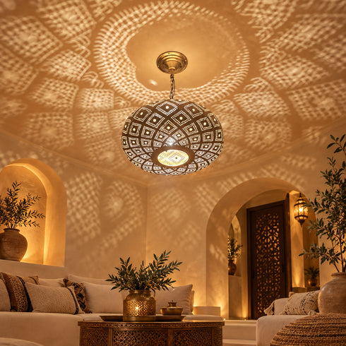 Moroccan Brass Pendant Light, Handmade Pierced Ceiling Lamp, Boho Hanging Light Fixture