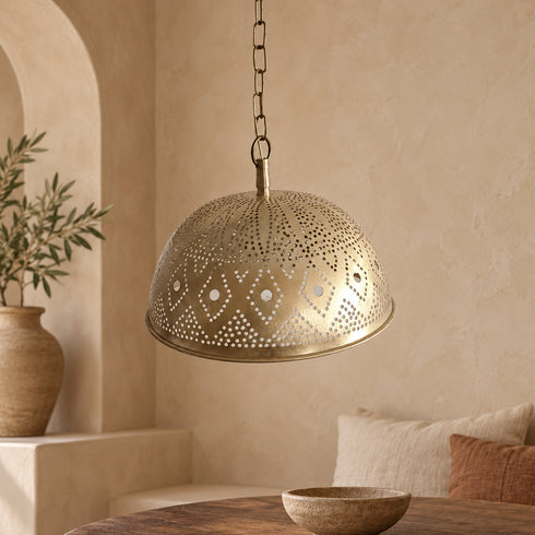 Moroccan Brass Pendant Light, Handmade Pierced Dome Ceiling Lamp, Boho Hanging Light Fixture