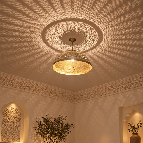 Moroccan Brass Pendant Light, Handmade Pierced Dome Ceiling Lamp, Boho Hanging Light Fixture