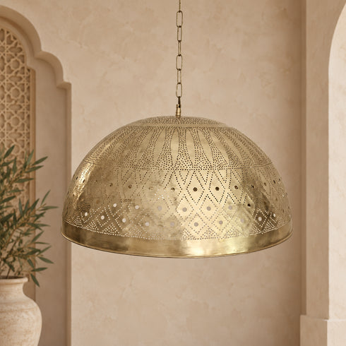 Moroccan Brass Pendant Light, Handmade Pierced Dome Ceiling Lamp, Boho Hanging Light Fixture