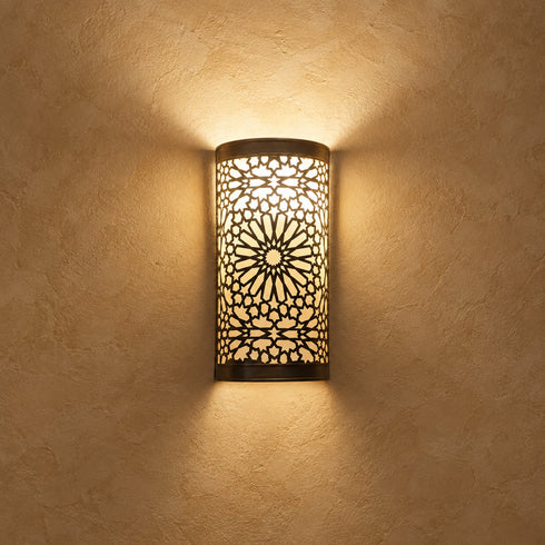 Moroccan Brass Wall Sconce, Handmade Geometric Wall Light, Boho Pierced Brass Lamp
