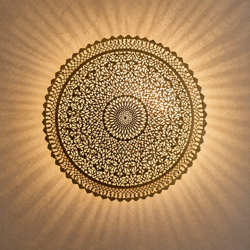 Moroccan Brass Wall Sconce, Large Round Wall Light, Handmade Boho Metal Lamp, Moroccan Wall Decor