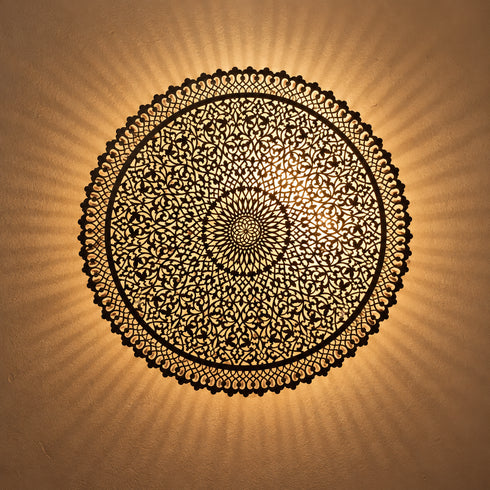 Moroccan Brass Wall Sconce, Large Round Wall Light, Handmade Boho Metal Lamp, Moroccan Wall Decor