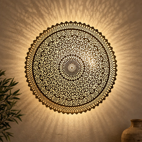 Moroccan Brass Wall Sconce, Large Round Wall Light, Handmade Boho Metal Lamp, Moroccan Wall Decor