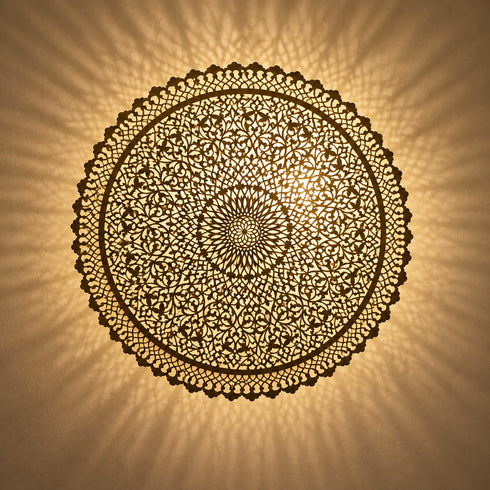 Moroccan Brass Wall Sconce, Large Round Wall Light, Handmade Boho Metal Lamp, Moroccan Wall Decor