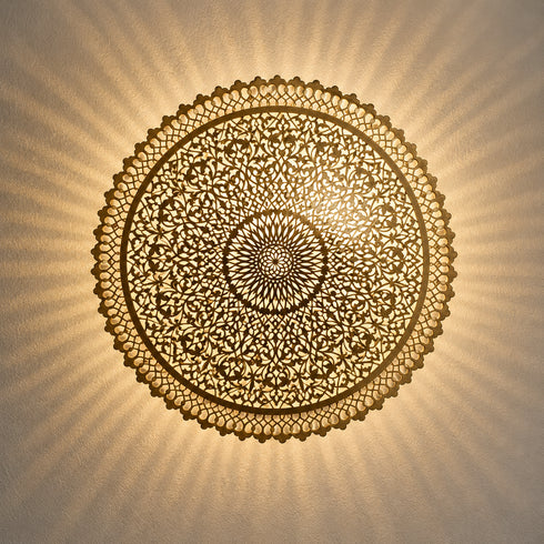 Moroccan Brass Wall Sconce, Large Round Wall Light, Handmade Boho Metal Lamp, Moroccan Wall Decor