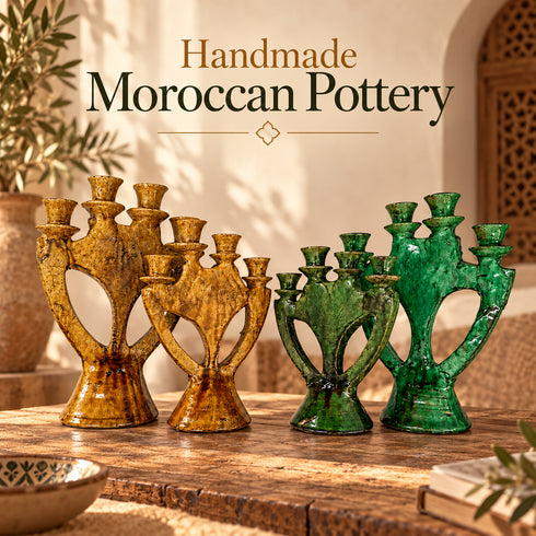 Moroccan Ceramic Candelabra, Handmade Tamegroute Pottery Candle Holder, 4 Arm Candlestick, Boho Home Decor