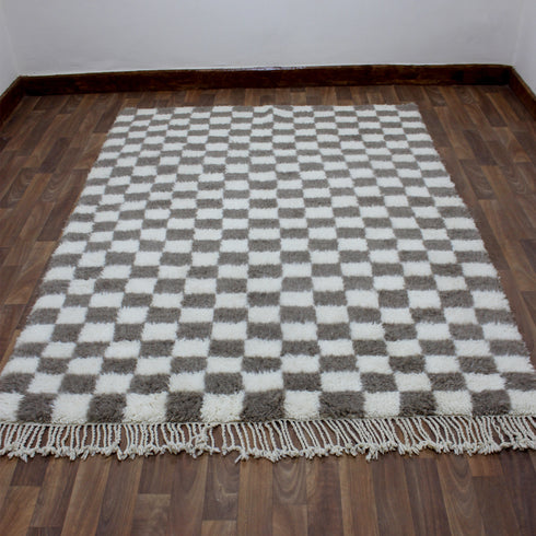 Moroccan Checkered Rug, Gray Cream Wool Rug, Handmade Beni Ourain Rug, Berber Checkerboard Area Rug