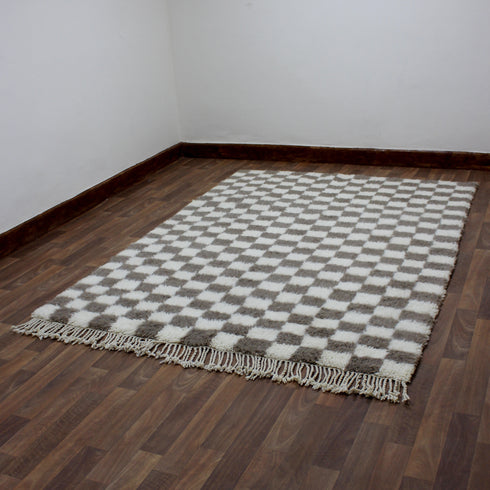 Moroccan Checkered Rug, Gray Cream Wool Rug, Handmade Beni Ourain Rug, Berber Checkerboard Area Rug