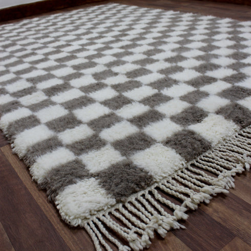 Moroccan Checkered Rug, Gray Cream Wool Rug, Handmade Beni Ourain Rug, Berber Checkerboard Area Rug