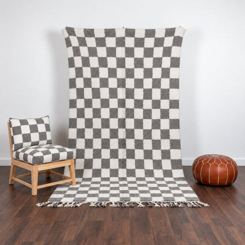 Moroccan Checkered Rug, Gray Cream Wool Rug, Handmade Beni Ourain Rug, Berber Checkerboard Area Rug