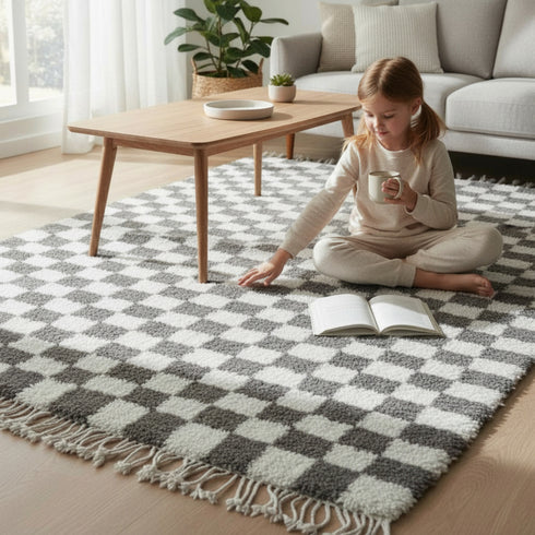Moroccan Checkered Rug, Gray Cream Wool Rug, Handmade Beni Ourain Rug, Berber Checkerboard Area Rug