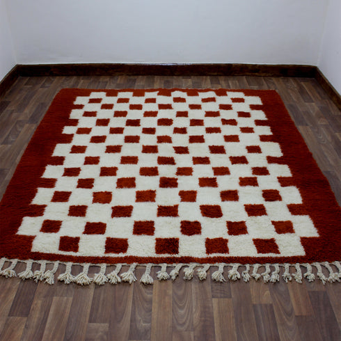 Moroccan Checkered Rug, Red Cream Wool Rug, Handmade Beni Ourain Rug, Berber Area Rug, Checkerboard Carpet