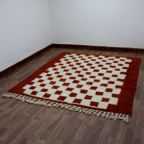 Moroccan Checkered Rug, Red Cream Wool Rug, Handmade Beni Ourain Rug, Berber Area Rug, Checkerboard Carpet