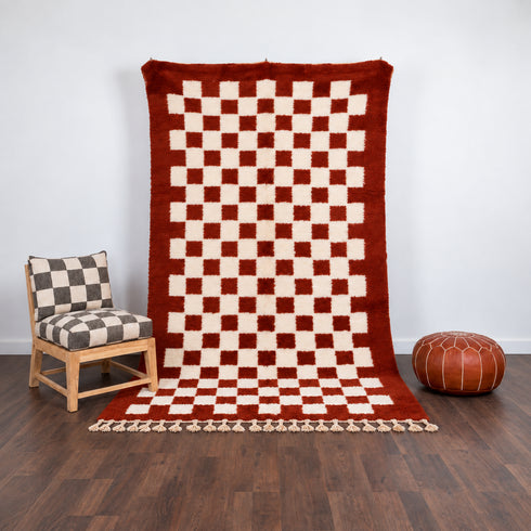Moroccan Checkered Rug, Red Cream Wool Rug, Handmade Beni Ourain Rug, Berber Area Rug, Checkerboard Carpet