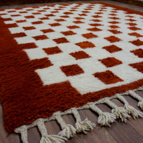 Moroccan Checkered Rug, Red Cream Wool Rug, Handmade Beni Ourain Rug, Berber Area Rug, Checkerboard Carpet