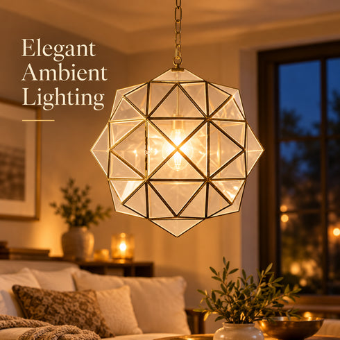 Moroccan Glass Pendant Light, Geometric Brass Chandelier, Handmade Hanging Lantern, Modern Ceiling Lighting