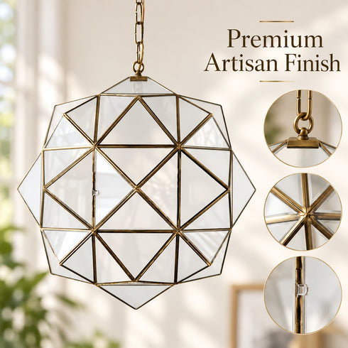 Moroccan Glass Pendant Light, Geometric Brass Chandelier, Handmade Hanging Lantern, Modern Ceiling Lighting