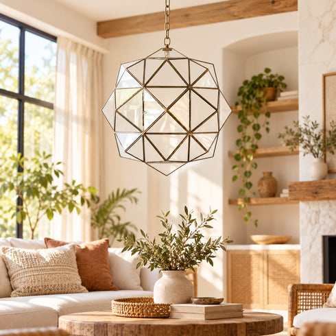 Moroccan Glass Pendant Light, Geometric Brass Chandelier, Handmade Hanging Lantern, Modern Ceiling Lighting