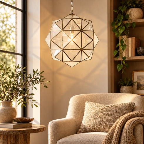 Moroccan Glass Pendant Light, Geometric Brass Chandelier, Handmade Hanging Lantern, Modern Ceiling Lighting