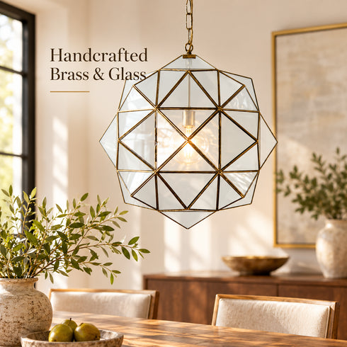 Moroccan Glass Pendant Light, Geometric Brass Chandelier, Handmade Hanging Lantern, Modern Ceiling Lighting