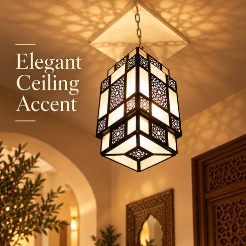 Moroccan Pendant Light, Black Metal Lantern, Geometric Ceiling Lamp, White Glass Chandelier, Boho Hanging Light