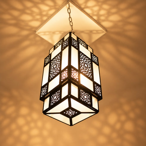 Moroccan Pendant Light, Black Metal Lantern, Geometric Ceiling Lamp, White Glass Chandelier, Boho Hanging Light