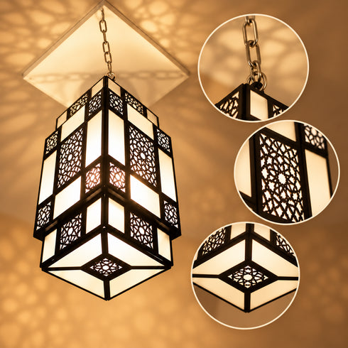 Moroccan Pendant Light, Black Metal Lantern, Geometric Ceiling Lamp, White Glass Chandelier, Boho Hanging Light