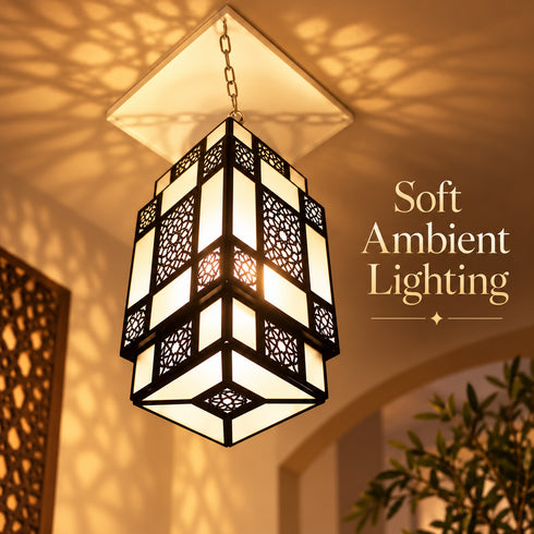 Moroccan Pendant Light, Black Metal Lantern, Geometric Ceiling Lamp, White Glass Chandelier, Boho Hanging Light