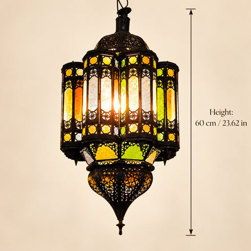Moroccan Stained Glass Pendant Light, Colorful Hanging Lantern, Black Metal Chandelier, Boho Ceiling Lamp