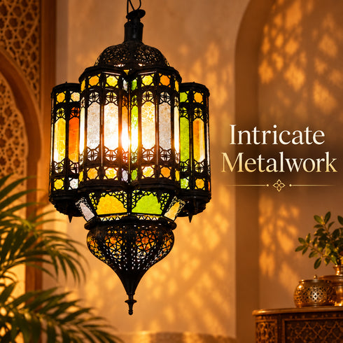 Moroccan Stained Glass Pendant Light, Colorful Hanging Lantern, Black Metal Chandelier, Boho Ceiling Lamp