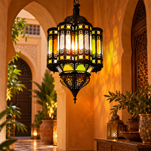 Moroccan Stained Glass Pendant Light, Colorful Hanging Lantern, Black Metal Chandelier, Boho Ceiling Lamp