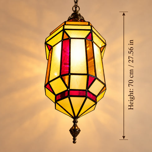 Moroccan Stained Glass Pendant Light, Geometric Hanging Lantern, Red Yellow Chandelier, Boho Ceiling Lamp