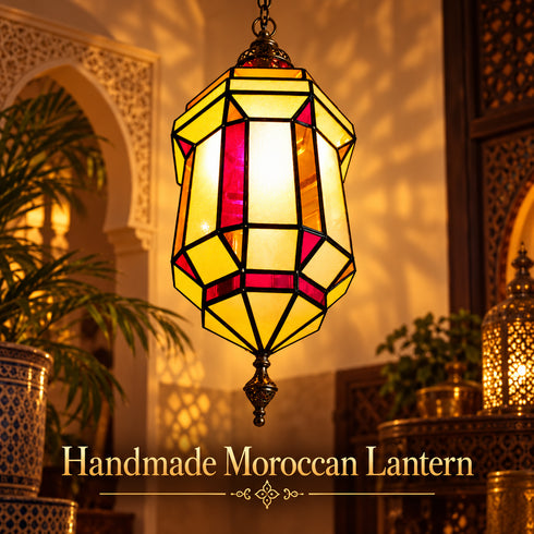 Moroccan Stained Glass Pendant Light, Geometric Hanging Lantern, Red Yellow Chandelier, Boho Ceiling Lamp