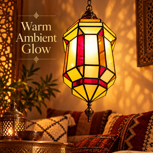Moroccan Stained Glass Pendant Light, Geometric Hanging Lantern, Red Yellow Chandelier, Boho Ceiling Lamp