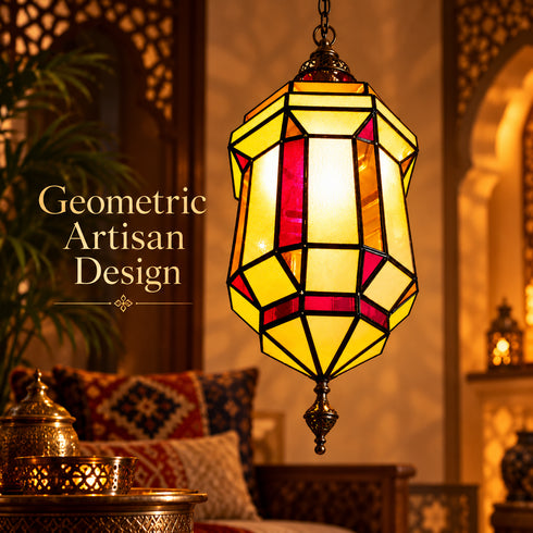Moroccan Stained Glass Pendant Light, Geometric Hanging Lantern, Red Yellow Chandelier, Boho Ceiling Lamp