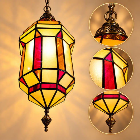 Moroccan Stained Glass Pendant Light, Geometric Hanging Lantern, Red Yellow Chandelier, Boho Ceiling Lamp