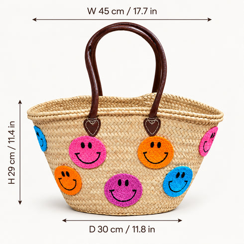 Moroccan Straw Basket Bag, Colorful Smiley Face Beach Tote, Handmade Woven Summer Bag, Brown Leather Handles