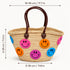Moroccan Straw Basket Bag, Colorful Smiley Face Beach Tote, Handmade Woven Summer Bag, Brown Leather Handles
