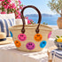 Moroccan Straw Basket Bag, Colorful Smiley Face Beach Tote, Handmade Woven Summer Bag, Brown Leather Handles