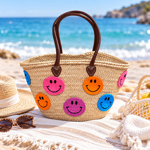 Moroccan Straw Basket Bag, Colorful Smiley Face Beach Tote, Handmade Woven Summer Bag, Brown Leather Handles