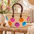 Moroccan Straw Basket Bag, Colorful Smiley Face Beach Tote, Handmade Woven Summer Bag, Brown Leather Handles