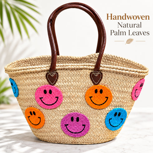 Moroccan Straw Basket Bag, Colorful Smiley Face Beach Tote, Handmade Woven Summer Bag, Brown Leather Handles