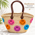 Moroccan Straw Basket Bag, Colorful Smiley Face Beach Tote, Handmade Woven Summer Bag, Brown Leather Handles