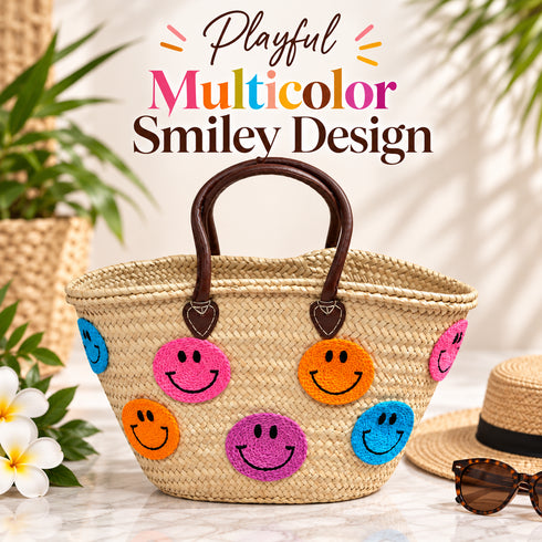Moroccan Straw Basket Bag, Colorful Smiley Face Beach Tote, Handmade Woven Summer Bag, Brown Leather Handles