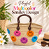 Moroccan Straw Basket Bag, Colorful Smiley Face Beach Tote, Handmade Woven Summer Bag, Brown Leather Handles