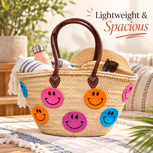 Moroccan Straw Basket Bag, Colorful Smiley Face Beach Tote, Handmade Woven Summer Bag, Brown Leather Handles