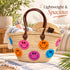 Moroccan Straw Basket Bag, Colorful Smiley Face Beach Tote, Handmade Woven Summer Bag, Brown Leather Handles